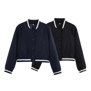 Short varsity jacket for women in navy and black with striped rib knit trim