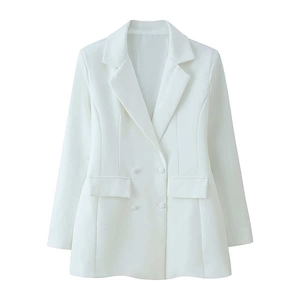 Elegant white slim fit double-breasted blazer for women with a deep V-neckline