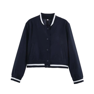 Classic dark blue bomber jacket with white striped ribbing and a stylish slim-fit design