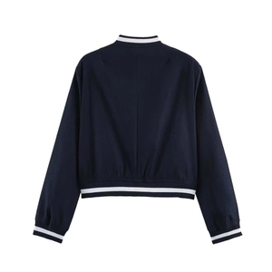 Detail view of navy blue casual jacket back with striped ribbed collar and cuffs