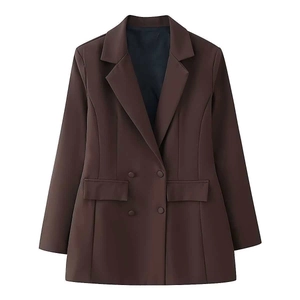 Deep brown double-breasted blazer with notched lapels and flap pockets on white background