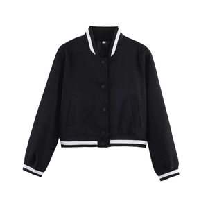 Classic black varsity jacket for women featuring white striped ribbed trim and snap buttons