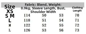 Size guide for double-breasted trench coat showing measurements from XS to L