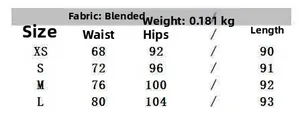 Detailed size chart for lace midi skirt showing waist and hip measurements in cm