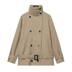 Vintage Work Style Women Trench Coat Double Breasted Stand Collar Loose Mid Length Khaki Windproof Jacket With Belt