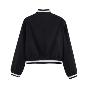 Rear view of a black baseball jacket with classic black and white striped ribbed trim