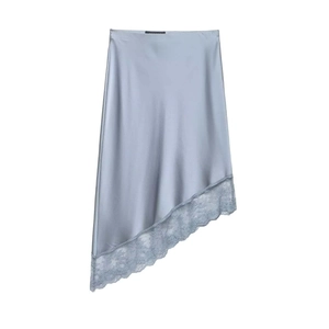 Women Elegant Satin Midi Skirt Asymmetric Lace Trim Light Blue High Waist Straight Skirt For Commute Daily Wear