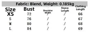 Size chart for lace mini dress with measurements for bust and length in sizes XS to L