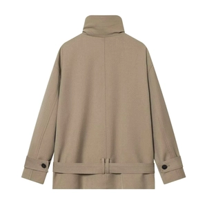 Khaki retro double-breasted field jacket with stand collar and back belt detail
