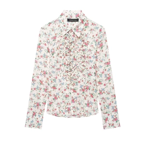 Women Casual Floral Print Long Sleeve Shirt Elegant Ruffle Trim Blouse White Multi Flower Pattern Loose Fit Top