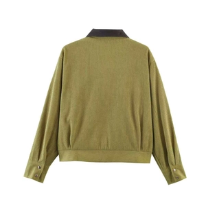 Rear view of corduroy jacket in olive green featuring contrast black faux leather collar