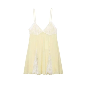 Elegant Light Yellow Lace Patchwork V-Neck Sleeveless Mini Dress Women Slim Fit Summer Fashion Cami Short Dress