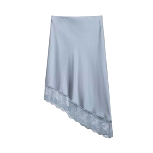 Elegant light blue satin midi skirt with asymmetric lace hem and silky glossy finish