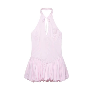 Abito Mini Donna Scollo all'Americana con Lacci Scollo a V Orlo a Palloncino Senza Maniche Rosa Streetwear Moda Estivo Casual