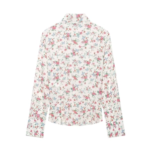 Women's summer floral long sleeve shirt with vintage pink blossom print on white back view