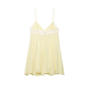Pale yellow sleeveless mini dress with delicate white lace trim and V-neck design