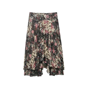 Jupe Midi à Taille Haute Fleurie Vintage pour Femmes Jupe Bohème à Ourlet Asymétrique avec Détails en Fil Métallique