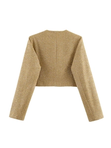 Detailed back view of cropped mustard yellow tweed jacket with woven texture and neat cut