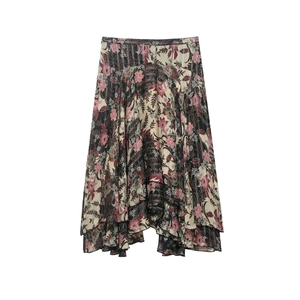 Jupe midi fleurie à taille haute avec fil métallique scintillant et ourlet asymétrique