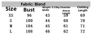 Size chart for women's mixed fabric blazer with chest and shoulder measurements