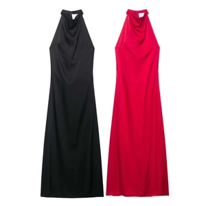 Élégante Robe Maxi en Satin Col Bénitier Halter Sexy Dos Nu Sans Manches Soirée Fête Formelle Robe Longue
