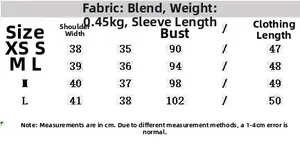 Size chart for women minimalist blazer showing shoulder, sleeve and chest measurements