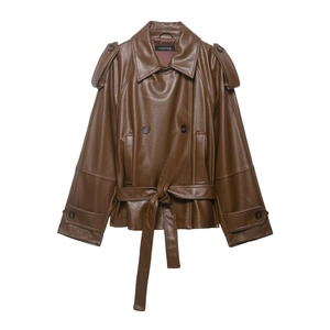 Women Vintage Faux Leather Jacket Double Breasted Mid-length Trench Coat With Belt Brown PU Leather Moto Biker Outerwear
