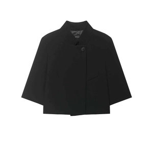 Minimalist black cropped blazer with stand collar and asymmetric button for women