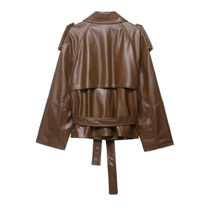 Deep brown faux leather jacket back view with textured grain and waist belt design