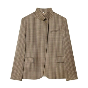 Women's earth-tone plaid blazer with stand collar and single-button closure in front view