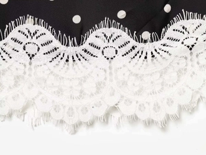 Close-up of black polka dot fabric featuring intricate white floral lace trim detail