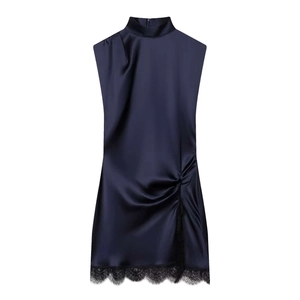 Elegant Women Midnight Blue Satin Mini Dress Sleeveless Half High Collar Ruched Waist Lace Hem Patchwork Cocktail Party Dress