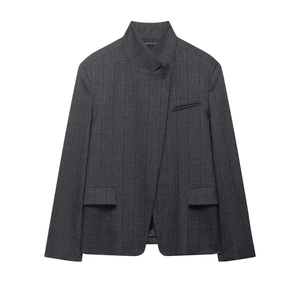Minimalist dark grey mixed fabric blazer with asymmetric button closure and flap pockets