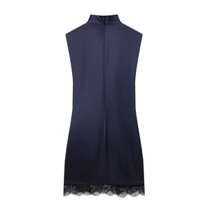 Navy blue sleeveless satin mini dress with elegant black eyelash lace trim detail