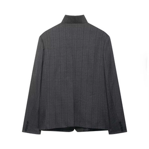 Detailed back view of a grey pinstripe stand collar blazer with buttoned cuffs