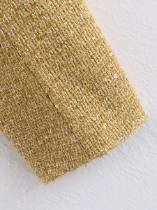 Macro shot of gold tweed fabric with metallic yarn and silver sequins detail