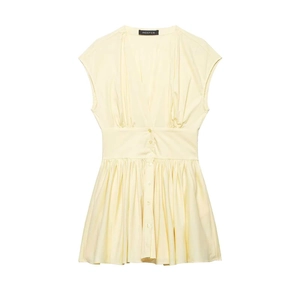 Robe trapèze sans manches jaune pâle avec décolleté en V profond et taille ajustée