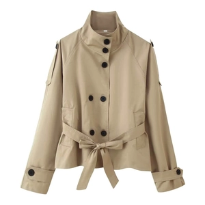 Women's khaki short trench coat with double-breasted buttons and tied waist belt