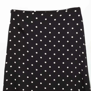 Summer black high waist midi skirt with white polka dots and side invisible zipper