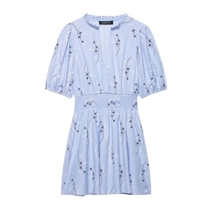 Women Elegant Light Blue Floral Embroidery Smocked Waist Puff Sleeve V Neck Midi Dress Casual Summer Short Sleeve Ruffle Trim