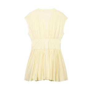 Robe trapèze jaune pâle sans manches avec corsage plissé et taille haute