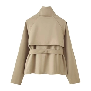 Rear view of khaki short trench coat featuring back storm flap and adjustable waist belt
