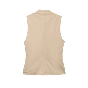 Beige ärmellose Weste für Damen mit Stehkragen und strukturierter Stoffrückansicht