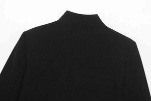 Detailed close-up of the mandarin collar and back seam on a black minimalist blazer jacket
