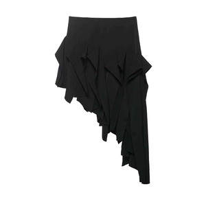 Jupe Midi Noire à Volants Irréguliers pour Femmes Jupe d'Été Décontractée Élégante à Taille Haute Asymétrique