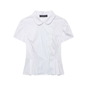 Women's Striped Peter Pan Collar Short Sleeve Blouse Asymmetrical Button Peplum Top Office Lady Casual Poplin Shirt