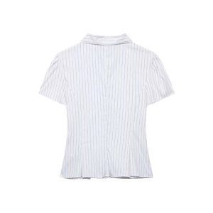 Women's slim-fit short sleeve poplin shirt with blue vertical stripes, rear view detail