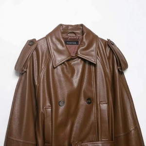 Brown faux leather double-breasted trench coat with waist tie and notched lapels