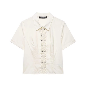 Elegant Women Ruffle Rivet Shirt Short Sleeve Solid Color Minimalist Blouse Summer Commute Polyester Top