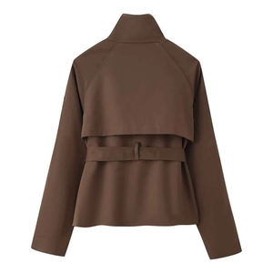 Detailed back view of a dark brown short trench coat featuring a storm flap and waist belt